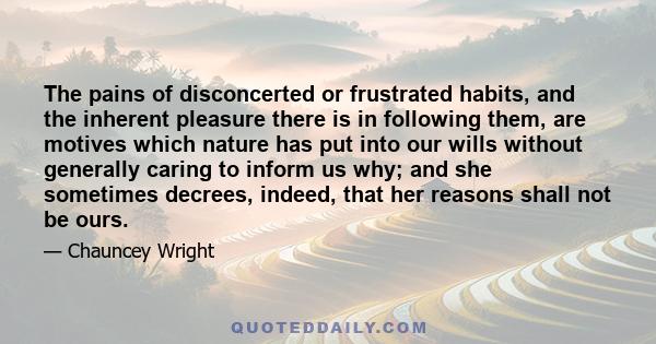 The pains of disconcerted or frustrated habits, and the inherent pleasure there is in following them, are motives which nature has put into our wills without generally caring to inform us why; and she sometimes decrees,