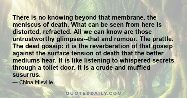 There is no knowing beyond that membrane, the meniscus of death. What can be seen from here is distorted, refracted. All we can know are those untrustworthy glimpses--that and rumour. The prattle. The dead gossip: it is