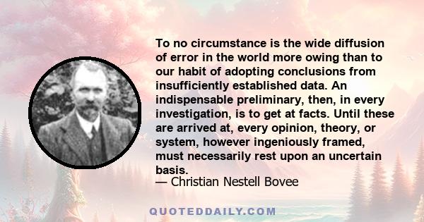 To no circumstance is the wide diffusion of error in the world more owing than to our habit of adopting conclusions from insufficiently established data. An indispensable preliminary, then, in every investigation, is to