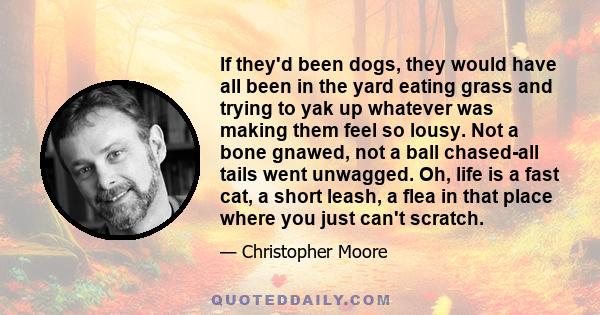 If they'd been dogs, they would have all been in the yard eating grass and trying to yak up whatever was making them feel so lousy. Not a bone gnawed, not a ball chased-all tails went unwagged. Oh, life is a fast cat, a