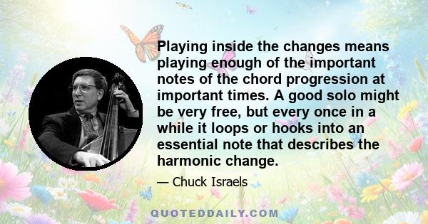 Playing inside the changes means playing enough of the important notes of the chord progression at important times. A good solo might be very free, but every once in a while it loops or hooks into an essential note that