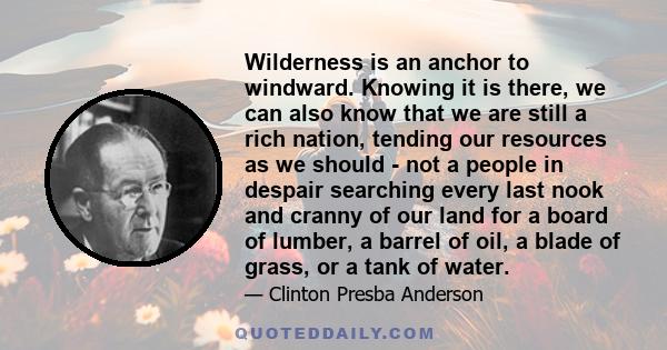 Wilderness is an anchor to windward. Knowing it is there, we can also know that we are still a rich nation, tending our resources as we should - not a people in despair searching every last nook and cranny of our land