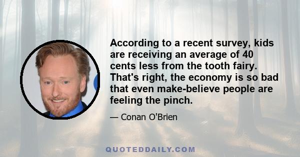 According to a recent survey, kids are receiving an average of 40 cents less from the tooth fairy. That's right, the economy is so bad that even make-believe people are feeling the pinch.