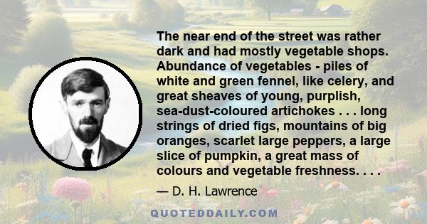 The near end of the street was rather dark and had mostly vegetable shops. Abundance of vegetables - piles of white and green fennel, like celery, and great sheaves of young, purplish, sea-dust-coloured artichokes . . .