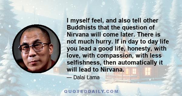 I myself feel, and also tell other Buddhists that the question of Nirvana will come later. There is not much hurry. If in day to day life you lead a good life, honesty, with love, with compassion, with less selfishness,