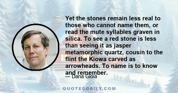 Yet the stones remain less real to those who cannot name them, or read the mute syllables graven in silica. To see a red stone is less than seeing it as jasper metamorphic quartz, cousin to the flint the Kiowa carved as
