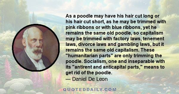 As a poodle may have his hair cut long or his hair cut short, as he may be trimmed with pink ribbons or with blue ribbons, yet he remains the same old poodle, so capitalism may be trimmed with factory laws, tenement