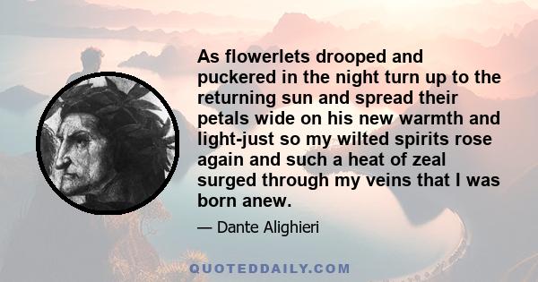 As flowerlets drooped and puckered in the night turn up to the returning sun and spread their petals wide on his new warmth and light-just so my wilted spirits rose again and such a heat of zeal surged through my veins