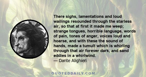 There sighs, lamentations and loud wailings resounded through the starless air, so that at first it made me weep; strange tongues, horrible language, words of pain, tones of anger, voices loud and hoarse, and with these