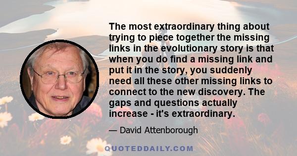 The most extraordinary thing about trying to piece together the missing links in the evolutionary story is that when you do find a missing link and put it in the story, you suddenly need all these other missing links to
