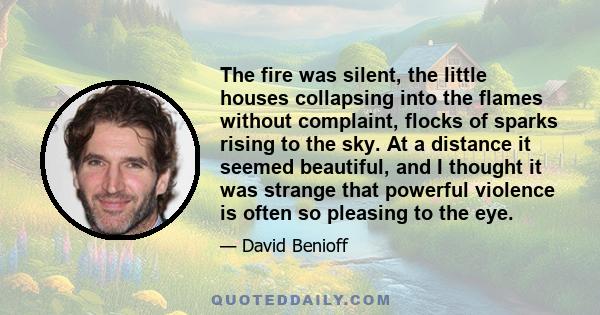 The fire was silent, the little houses collapsing into the flames without complaint, flocks of sparks rising to the sky. At a distance it seemed beautiful, and I thought it was strange that powerful violence is often so