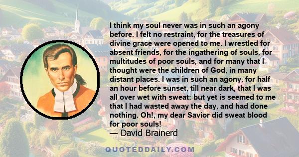 I think my soul never was in such an agony before. I felt no restraint, for the treasures of divine grace were opened to me. I wrestled for absent friends, for the ingathering of souls, for multitudes of poor souls, and