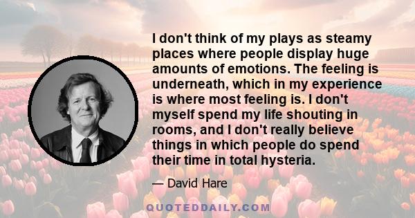 I don't think of my plays as steamy places where people display huge amounts of emotions. The feeling is underneath, which in my experience is where most feeling is. I don't myself spend my life shouting in rooms, and I