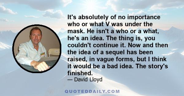 It's absolutely of no importance who or what V was under the mask. He isn't a who or a what, he's an idea. The thing is, you couldn't continue it. Now and then the idea of a sequel has been raised, in vague forms, but I