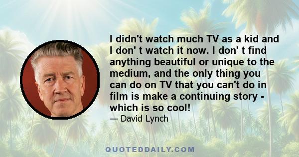 I didn't watch much TV as a kid and I don' t watch it now. I don' t find anything beautiful or unique to the medium, and the only thing you can do on TV that you can't do in film is make a continuing story - which is so