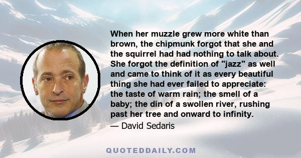 When her muzzle grew more white than brown, the chipmunk forgot that she and the squirrel had had nothing to talk about. She forgot the definition of jazz as well and came to think of it as every beautiful thing she had