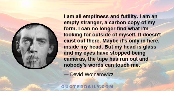I am all emptiness and futility. I am an empty stranger, a carbon copy of my form. I can no longer find what I'm looking for outside of myself. It doesn't exist out there. Maybe it's only in here, inside my head. But my
