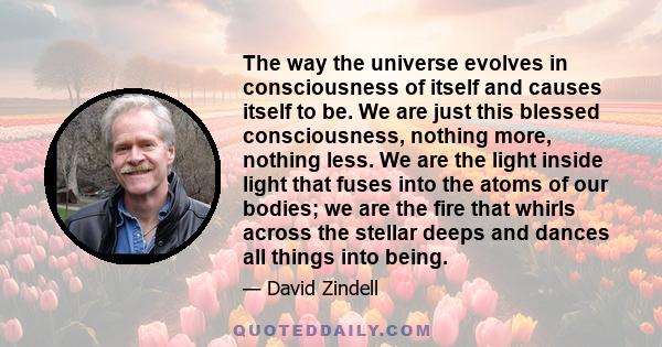 The way the universe evolves in consciousness of itself and causes itself to be. We are just this blessed consciousness, nothing more, nothing less. We are the light inside light that fuses into the atoms of our bodies;