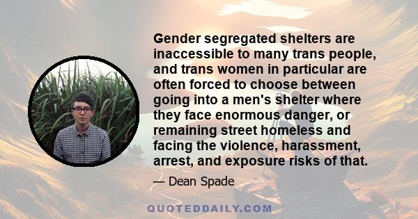 Gender segregated shelters are inaccessible to many trans people, and trans women in particular are often forced to choose between going into a men's shelter where they face enormous danger, or remaining street homeless