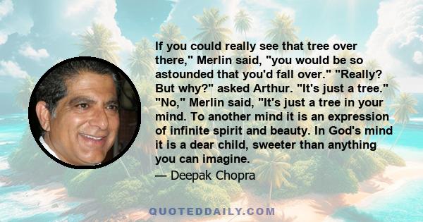 If you could really see that tree over there, Merlin said, you would be so astounded that you'd fall over. Really? But why? asked Arthur. It's just a tree. No, Merlin said, It's just a tree in your mind. To another mind