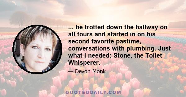 ... he trotted down the hallway on all fours and started in on his second favorite pastime, conversations with plumbing. Just what I needed: Stone, the Toilet Whisperer.