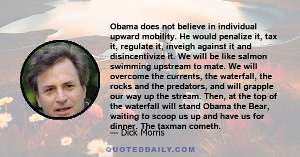 Obama does not believe in individual upward mobility. He would penalize it, tax it, regulate it, inveigh against it and disincentivize it. We will be like salmon swimming upstream to mate. We will overcome the currents,