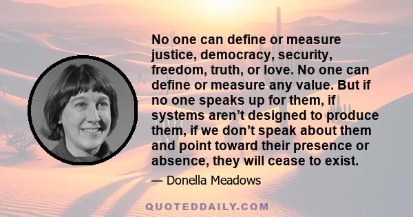 No one can define or measure justice, democracy, security, freedom, truth, or love. No one can define or measure any value. But if no one speaks up for them, if systems aren’t designed to produce them, if we don’t speak