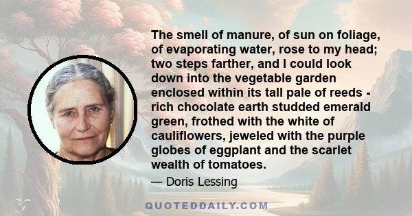 The smell of manure, of sun on foliage, of evaporating water, rose to my head; two steps farther, and I could look down into the vegetable garden enclosed within its tall pale of reeds - rich chocolate earth studded