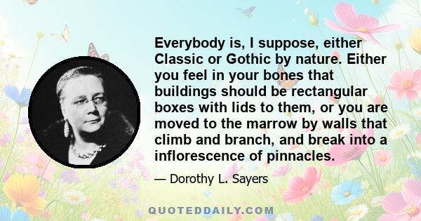 Everybody is, I suppose, either Classic or Gothic by nature. Either you feel in your bones that buildings should be rectangular boxes with lids to them, or you are moved to the marrow by walls that climb and branch, and
