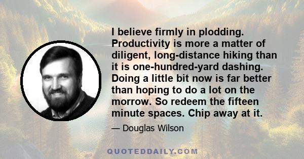 I believe firmly in plodding. Productivity is more a matter of diligent, long-distance hiking than it is one-hundred-yard dashing. Doing a little bit now is far better than hoping to do a lot on the morrow. So redeem