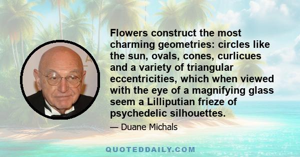 Flowers construct the most charming geometries: circles like the sun, ovals, cones, curlicues and a variety of triangular eccentricities, which when viewed with the eye of a magnifying glass seem a Lilliputian frieze of