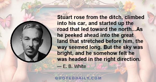 Stuart rose from the ditch, climbed into his car, and started up the road that led toward the north...As he peeked ahead into the great land that stretched before him, the way seemed long. But the sky was bright, and he