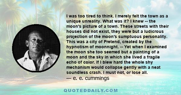 I was too tired to think. I merely felt the town as a unique unreality. What was it? I knew -- the moon's picture of a town. These streets with their houses did not exist, they were but a ludicrous projection of the