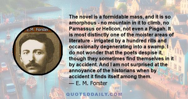 The novel is a formidable mass, and it is so amorphous - no mountain in it to climb, no Parnassus or Helicon, not even a Pisgah. It is most distinctly one of the moister areas of literature - irrigated by a hundred