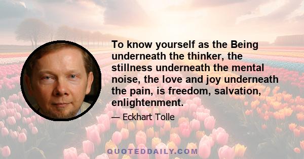 To know yourself as the Being underneath the thinker, the stillness underneath the mental noise, the love and joy underneath the pain, is freedom, salvation, enlightenment.