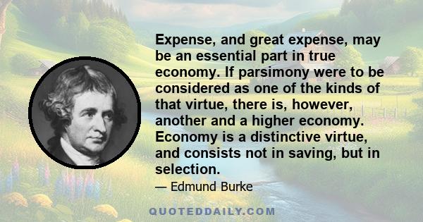 Expense, and great expense, may be an essential part in true economy. If parsimony were to be considered as one of the kinds of that virtue, there is, however, another and a higher economy. Economy is a distinctive
