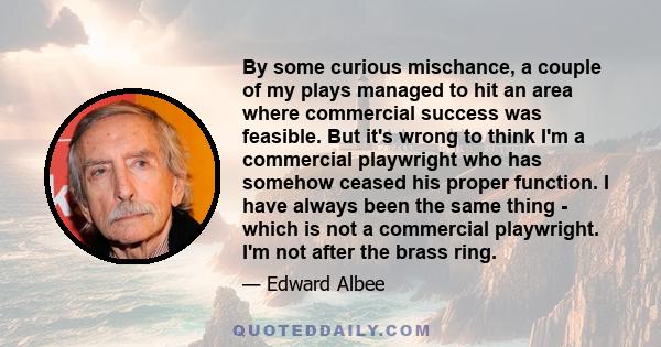 By some curious mischance, a couple of my plays managed to hit an area where commercial success was feasible. But it's wrong to think I'm a commercial playwright who has somehow ceased his proper function. I have always