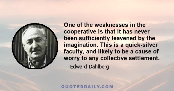 One of the weaknesses in the cooperative is that it has never been sufficiently leavened by the imagination. This is a quick-silver faculty, and likely to be a cause of worry to any collective settlement.