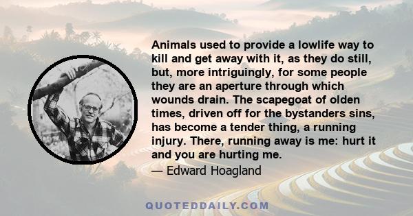 Animals used to provide a lowlife way to kill and get away with it, as they do still, but, more intriguingly, for some people they are an aperture through which wounds drain. The scapegoat of olden times, driven off for