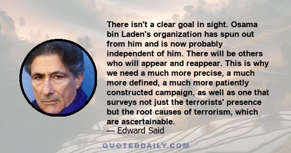 There isn't a clear goal in sight. Osama bin Laden's organization has spun out from him and is now probably independent of him. There will be others who will appear and reappear. This is why we need a much more precise,