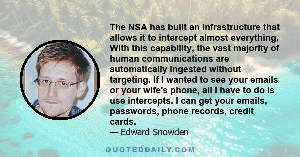 The NSA has built an infrastructure that allows it to intercept almost everything. With this capability, the vast majority of human communications are automatically ingested without targeting. If I wanted to see your