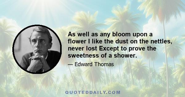 As well as any bloom upon a flower I like the dust on the nettles, never lost Except to prove the sweetness of a shower.