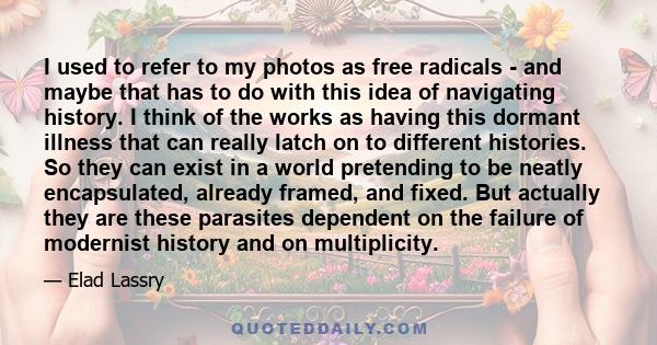 I used to refer to my photos as free radicals - and maybe that has to do with this idea of navigating history. I think of the works as having this dormant illness that can really latch on to different histories. So they