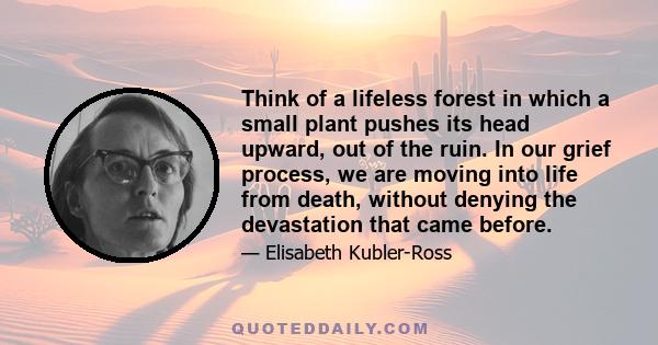 Think of a lifeless forest in which a small plant pushes its head upward, out of the ruin. In our grief process, we are moving into life from death, without denying the devastation that came before.