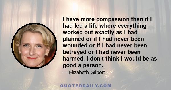 I have more compassion than if I had led a life where everything worked out exactly as I had planned or if I had never been wounded or if I had never been betrayed or I had never been harmed. I don't think I would be as