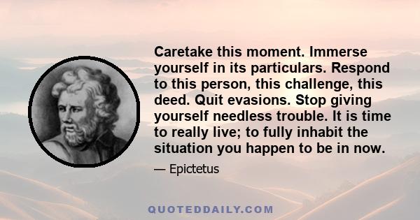 Caretake this moment. Immerse yourself in its particulars. Respond to this person, this challenge, this deed. Quit evasions. Stop giving yourself needless trouble. It is time to really live; to fully inhabit the