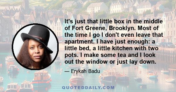 It's just that little box in the middle of Fort Greene, Brooklyn. Most of the time I go I don't even leave that apartment. I have just enough: a little bed, a little kitchen with two pots. I make some tea and I look out
