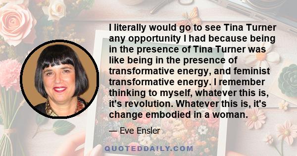 I literally would go to see Tina Turner any opportunity I had because being in the presence of Tina Turner was like being in the presence of transformative energy, and feminist transformative energy. I remember thinking