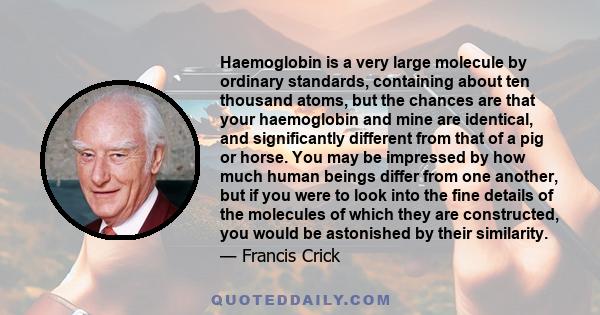 Haemoglobin is a very large molecule by ordinary standards, containing about ten thousand atoms, but the chances are that your haemoglobin and mine are identical, and significantly different from that of a pig or horse.