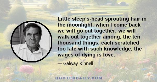 Little sleep's-head sprouting hair in the moonlight, when I come back we will go out together, we will walk out together among, the ten thousand things, each scratched too late with such knowledge, the wages of dying is